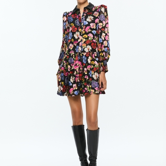Alice + Olivia Multicolor Floral Long Sleeve BERTHA MINI SHIRT DRESS - Picture 2 of 12